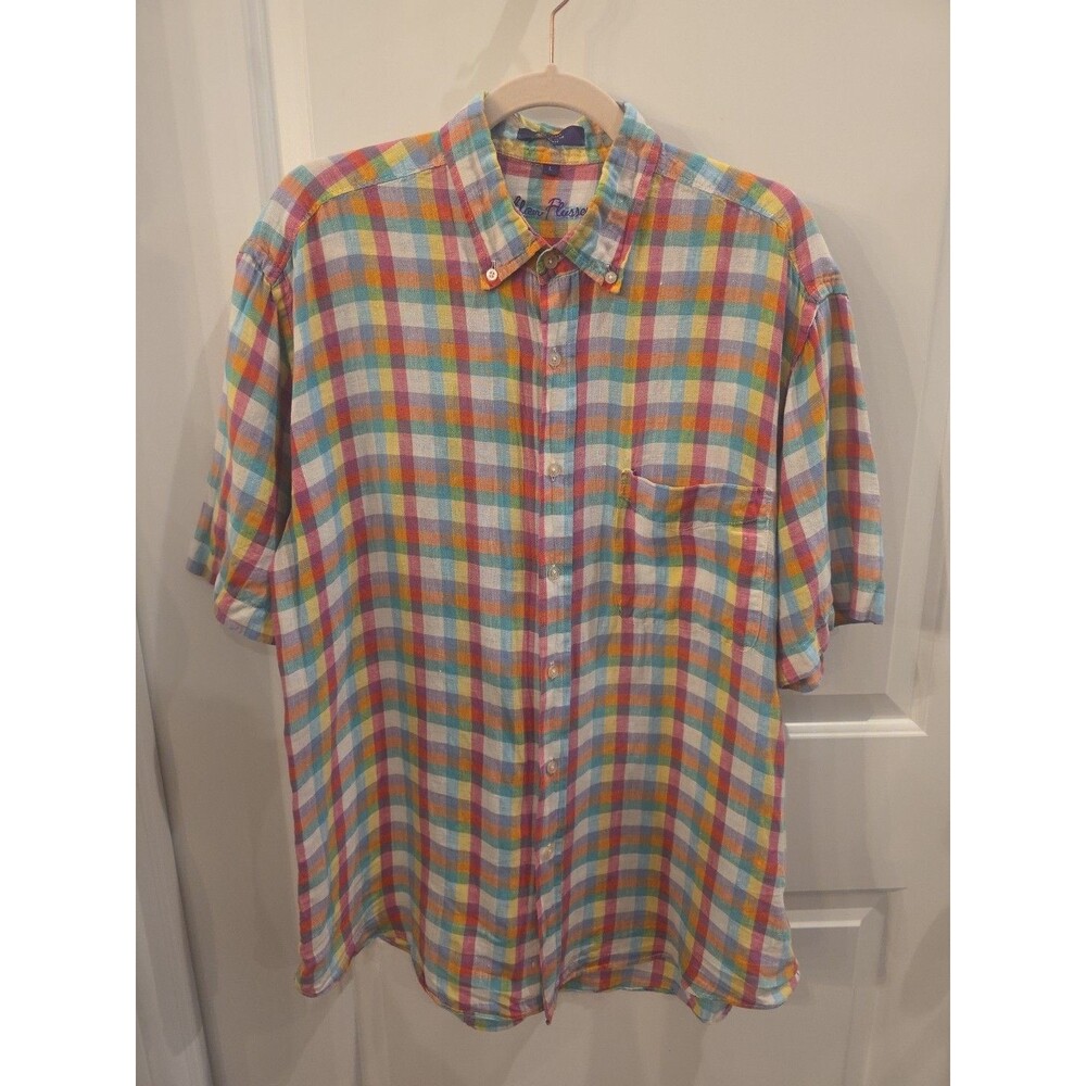 ALAN FLUSSER Men's Short Sleeve Button-Up Shirt Rainbow Plaid 100% Linen Size Lg